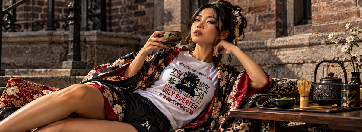 A woman reclines on a stone bench wearing a white graphic T-shirt with a red and black illustration and the text 'UGLY SWEATER', layered under a red floral kimono-style jacket. She holds a cup in a rustic indoor setting with brick walls, a table, and tea accessories.