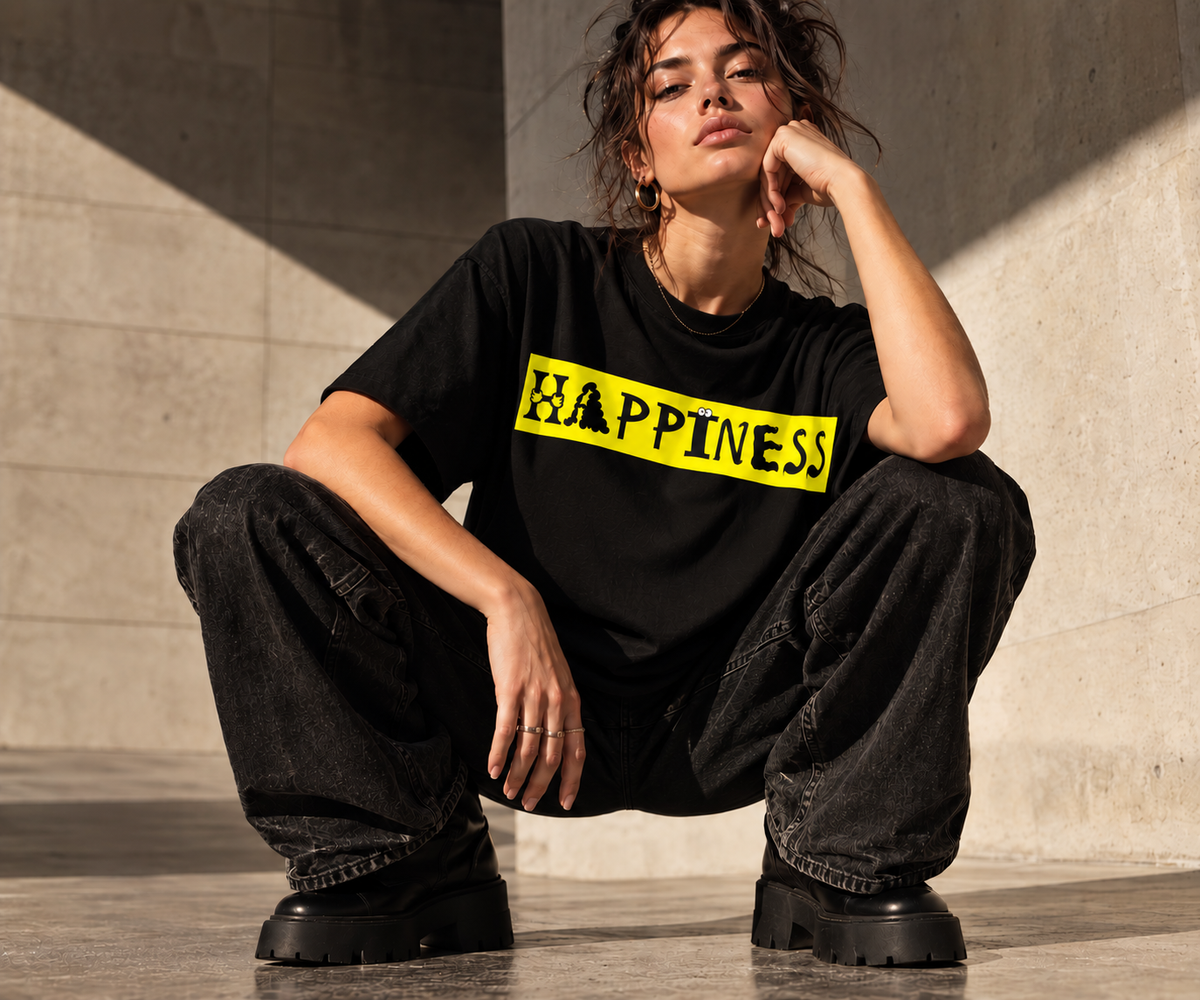A model crouching in a concrete setting wearing a black graphic t-shirt with a bright yellow rectangular box containing the word 'HAPPINESS' in black letters, paired with black jeans and chunky black shoes.